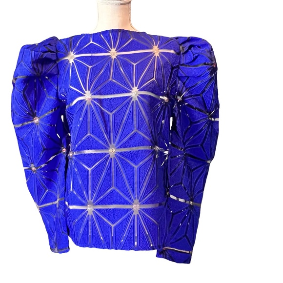 #A042 Nancy Romantic Royal Blue Sheer Mesh Geometric Top NWT XL - Picture 4 of 12